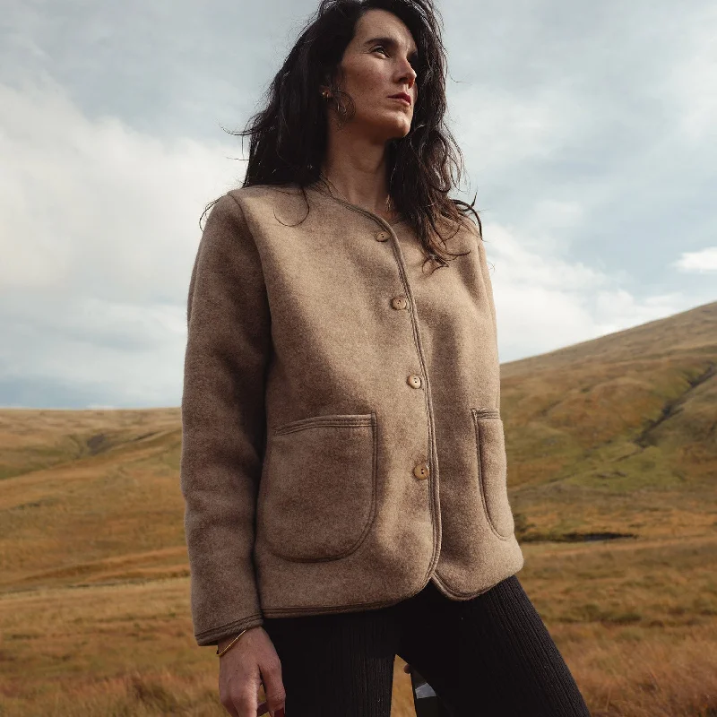 Harrier Womens Jacket - Merino Wool Fleece - Driftwood Puff Sleeve Overcoat