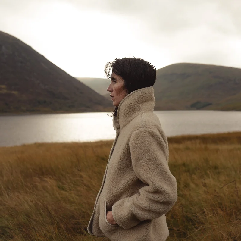 Oryx Womens Jacket - Wool Teddy Fleece - Barley Fur-Lined Aviator Coat