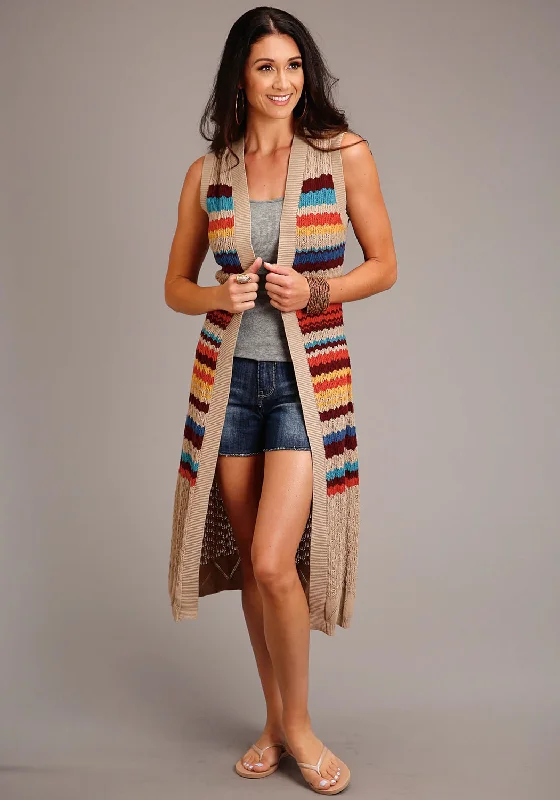 Stetson Womens Multi-Color 100% Cotton Open Weave Striped Cardigan Double-Layered Poncho