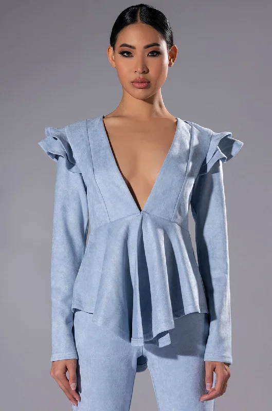 SUEDE RUFFLE BLAZER Toggled Jacket Drawstring Jacket Belted Jacket