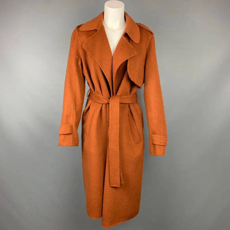 THEORY Size M Rust Wool / Cashmere Shawl Collar Belted Coat Satin Silk Chiffon