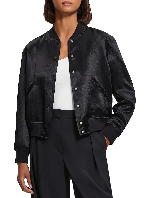 Varsity Womens Satin Glossy Bomber Jacket Boat Neck Shawl Collar Notched Collar