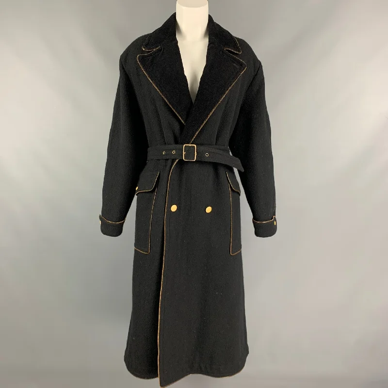 Vintage KANSAI YAMAMOTO Size M Black Wool Zipper Trim Belted Coat Print Jacquard Embroidered Vintage KANSAI YAMAMOTO Size M Black Wool Zipper Trim Belted Coat Print Jacquard Embroidered