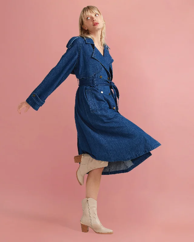 Wild Skies Denim Trench - Mid Denim Zipper Front Biker Jacket