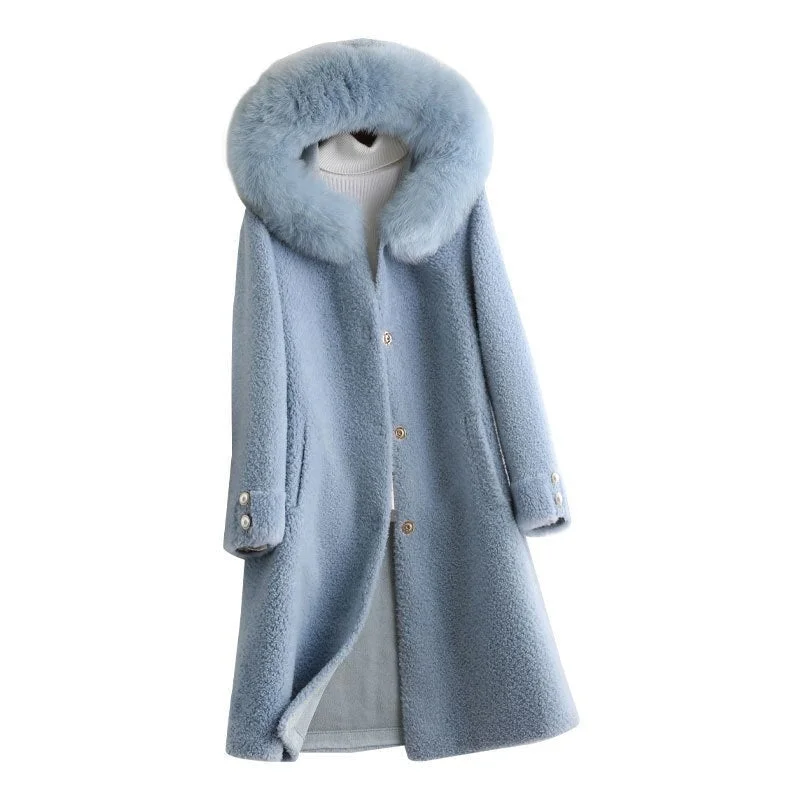 Winter Style Women's Hooded Shearling Fox Fur Collar Wool Jacket Mesh Jacket Canvas Jacket Denim Jacket