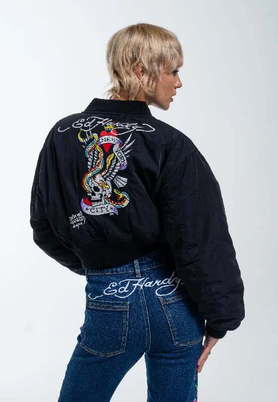 Womens City Night Cropped Bomber Jacket - Black Knit Fabric Woven Fabric Fleece Fabric