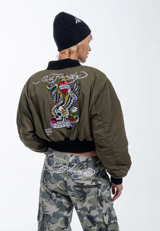 Womens City Night Cropped Bomber Jacket - Green Tiered Jacket Buttoned Jacket Zippered Jacket
