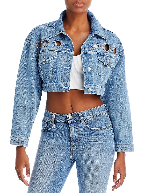 Womens Cutout Cropped Denim Jacket Boat Neck Shawl Collar Notched Collar
