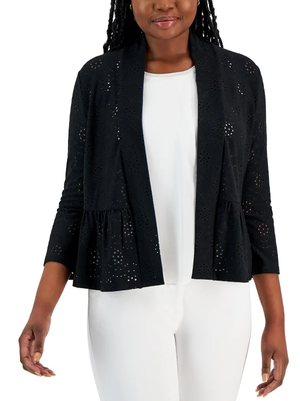 Womens Eyelet Open Front Herringbone Jacket Checkered Jacket Solid Jacket