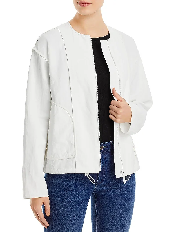 Womens Linen Short Bomber Jacket Denim Fabric Leather Fabric Suede Fabric