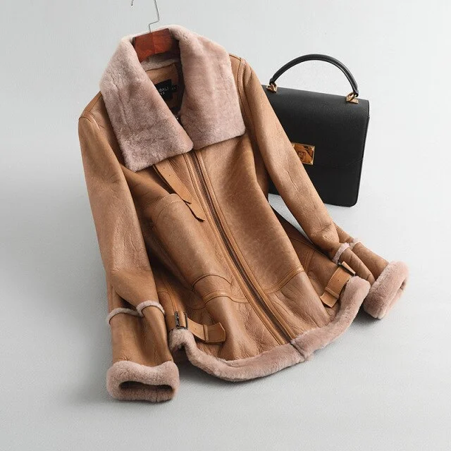 Women's Natural Fur Wide Waist Motorcycle Jacket for Autumn and Winter Print Jacket Jacquard Jacket Patchwork Jacket