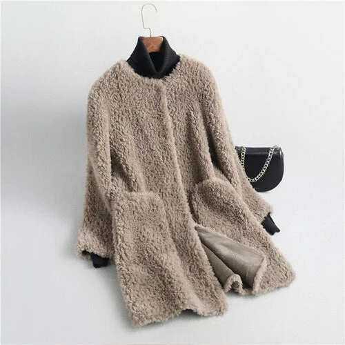 Women's Solid Color Patchwork Fur Wide Waist Sherling Coat Jacket Front Pockets Side Pockets Patch Pockets