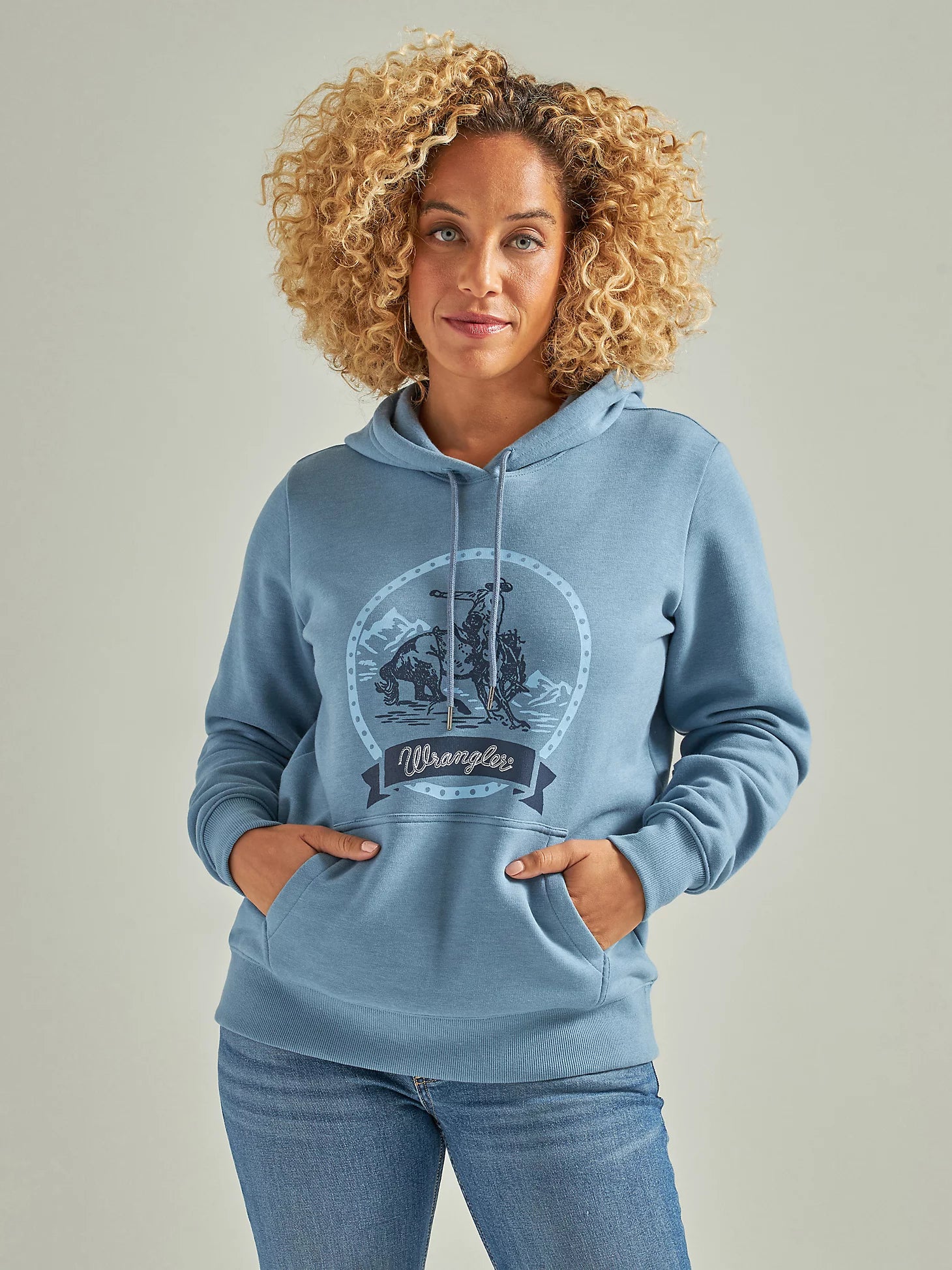 Women's Wrangler Buckin Cowboy Hoodie In Med Blue Casual Open-Front Coat