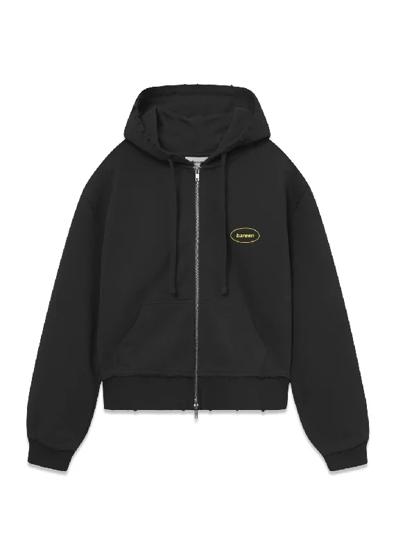 Zip Hoodie, Women - Vintage Black Hoodie with Rolled Sleeves Casual Relaxed
