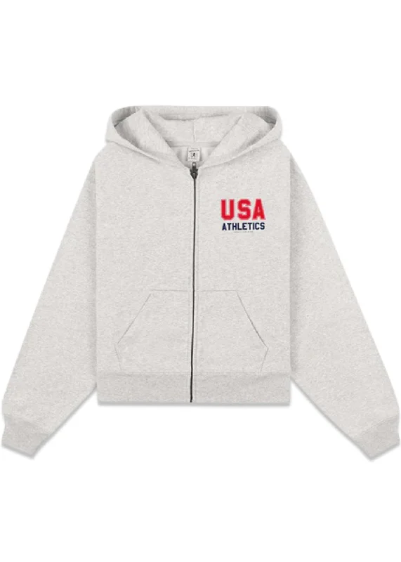 USA Athletics Cropped Zip Hoodie - Heather Gray Hoodie with Oversized Fit Loose Comfortable USA Athletics Cropped Zip Hoodie - Heather Gray Hoodie with Oversized Fit Loose Comfortable