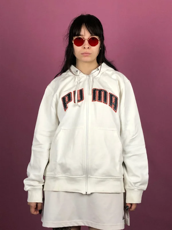 90s Puma Vintage Women's Zip Hoodie - XL White Cotton Blend Hoodie with Hem Contrast Bold Stylish 90s Puma Vintage Women's Zip Hoodie - XL White Cotton Blend Hoodie with Hem Contrast Bold Stylish