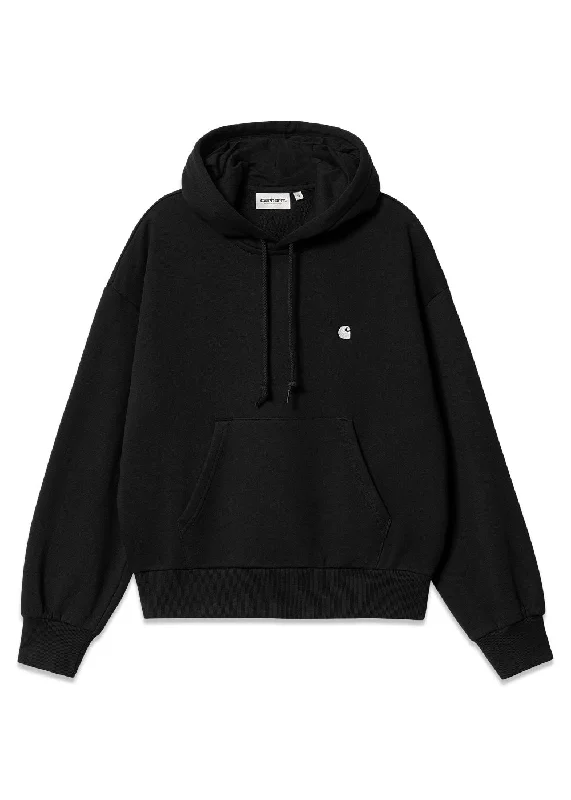 W Hooded Casey Sweatshirt - Black / Silver Hoodie with Button Placket Classic Preppy