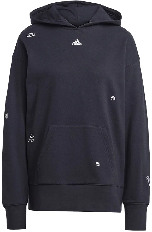 Adidas Womens BLUV Q1 Graphic Hooded Sweat Black White Hoodie with High Neck Warm Protective Adidas Womens BLUV Q1 Graphic Hooded Sweat Black White Hoodie with High Neck Warm Protective