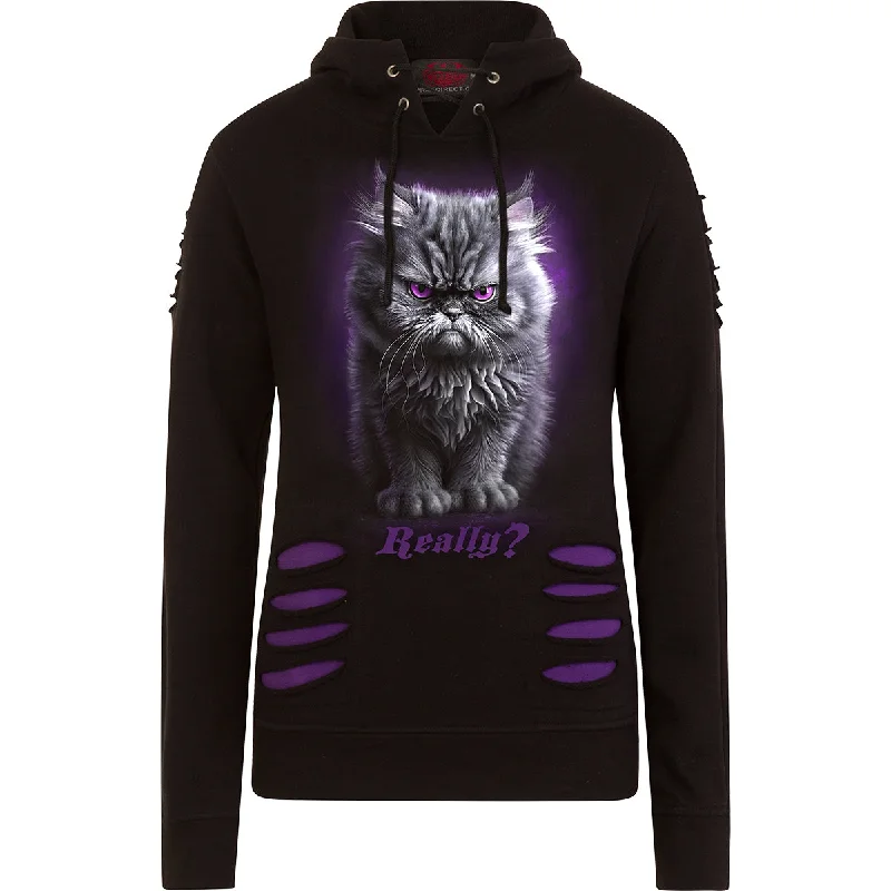 ANGER MANAGEMENT - Large Hood Ripped Hoody Purple-Black Graphic Hoodie Design Print ANGER MANAGEMENT - Large Hood Ripped Hoody Purple-Black Graphic Hoodie Design Print
