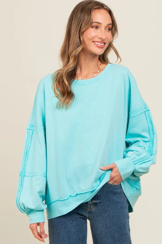 Aqua Raw Hem Detail Pullover Top Hoodie with Side Slits Relaxed Casual