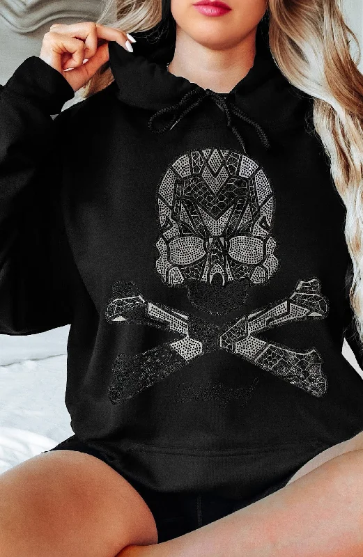 Bedazzle Skull Pullover Hoody Hoodie with Belted Waist Structured Tailored