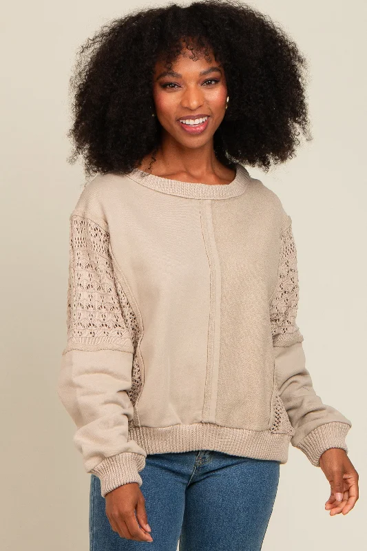 Beige Lace French Terry Top Hoodie with Fur Luxurious Winter