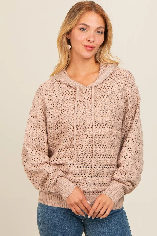 Beige Pointelle Knit Sweater Hoodie with Mesh Breathable Sporty