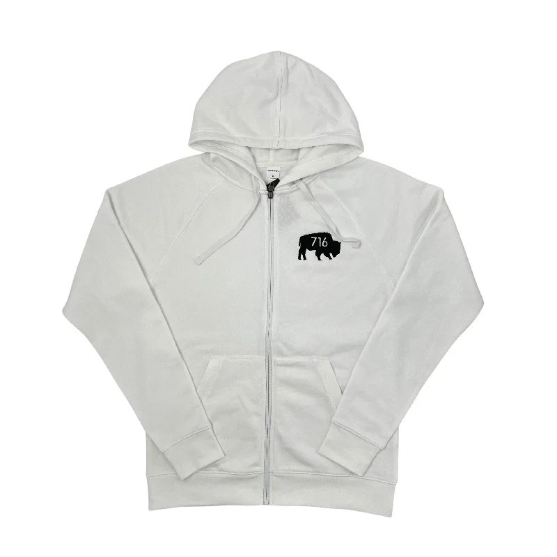 BFLO 716 With Embroidered Buffalo White Full Zip Hoodie Hoodie with Batwing Sleeves Loose Dramatic BFLO 716 With Embroidered Buffalo White Full Zip Hoodie Hoodie with Batwing Sleeves Loose Dramatic