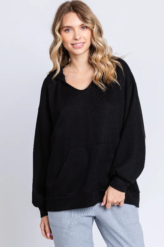 Black Front Pocket Hoodie Hoodie with Puffed Sleeves Voluminous Trendy