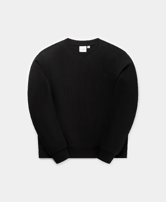 Black Mono Rib Sweater Hoodie with Hem Frayed Vintage Worn