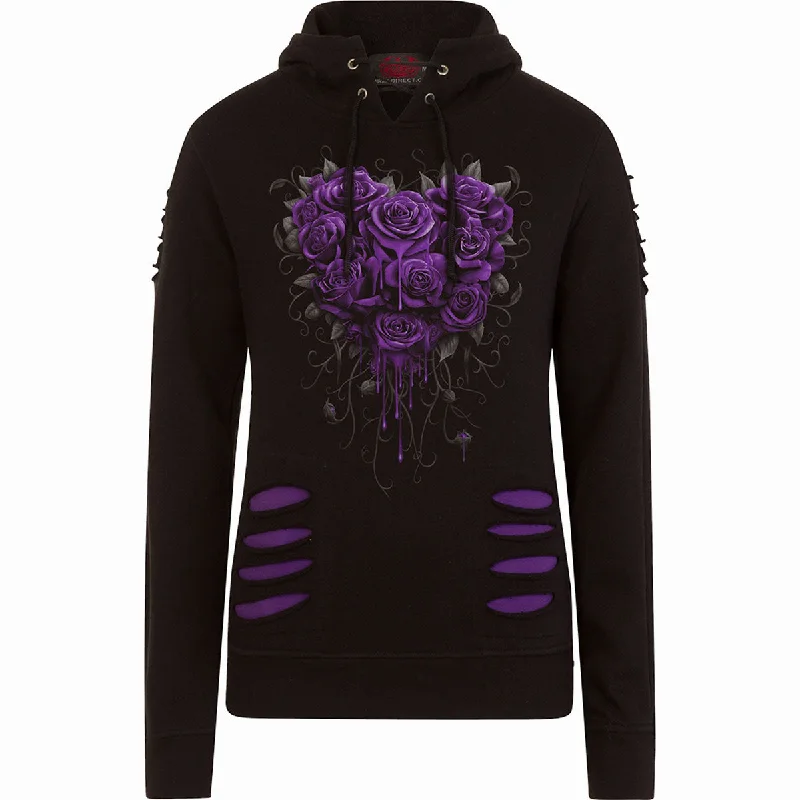 BLEEDING HEART - Large Hood Ripped Hoody Purple-Black Hoodie with Ribbed Hem Stretchable Secure BLEEDING HEART - Large Hood Ripped Hoody Purple-Black Hoodie with Ribbed Hem Stretchable Secure