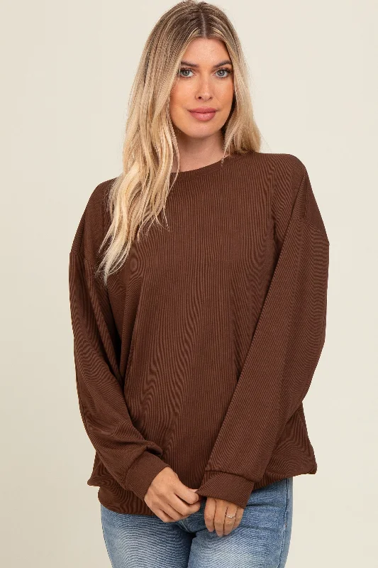 Brown Drop Shoulder Sweatshirt Hoodie with Patch Decorative Personalized