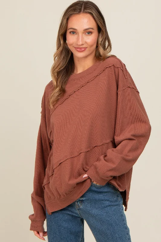 Brown Exposed Seam Dolman Sleeve Sweatshirt Hoodie with Magnetic Closure Innovative Modern Brown Exposed Seam Dolman Sleeve Sweatshirt Hoodie with Magnetic Closure Innovative Modern