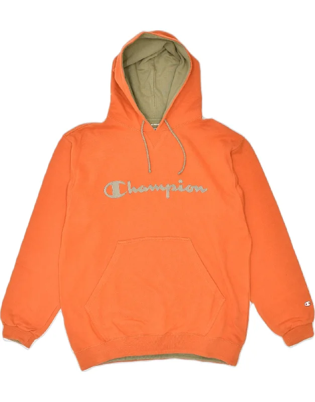 CHAMPION Mens Graphic Hoodie Jumper Large Orange Cotton Hoodie with Hem Raw Edge Edgy Unfinished