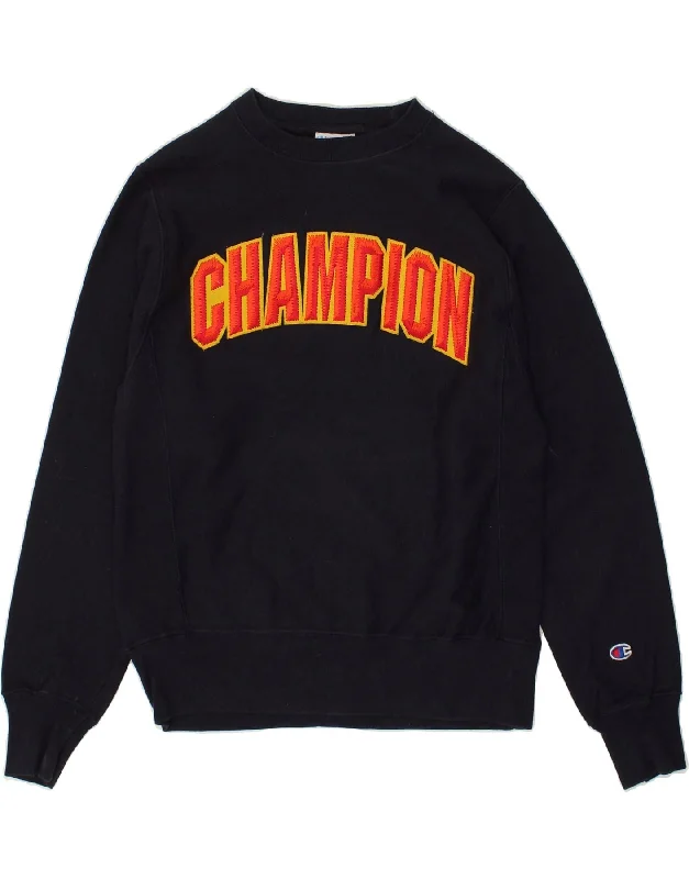 CHAMPION Mens Graphic Sweatshirt Jumper Small Navy Blue Cotton Hoodie with Tied Waist Feminine Flattering