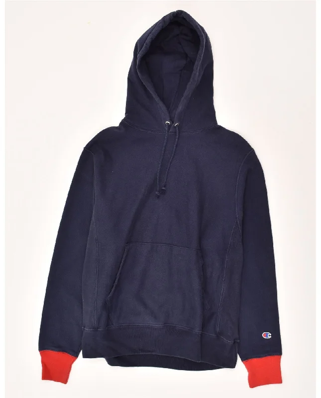 CHAMPION Mens Hoodie Jumper Medium Navy Blue Cotton Hoodie with Reflective Safety Nightwear