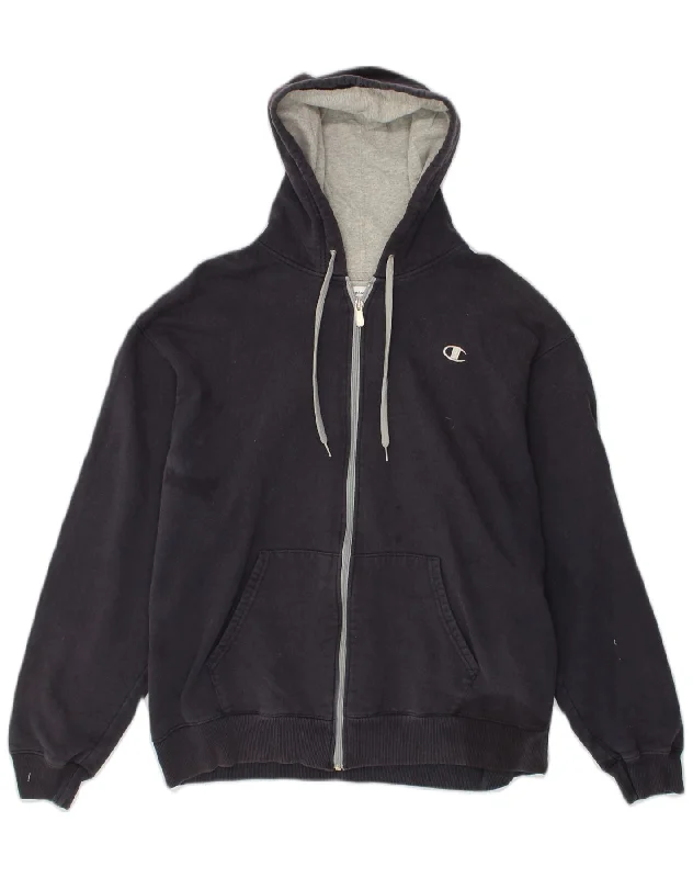 CHAMPION Mens Zip Hoodie Sweater XL Black Cotton Hoodie with Ribbed Neckline Snug Warm