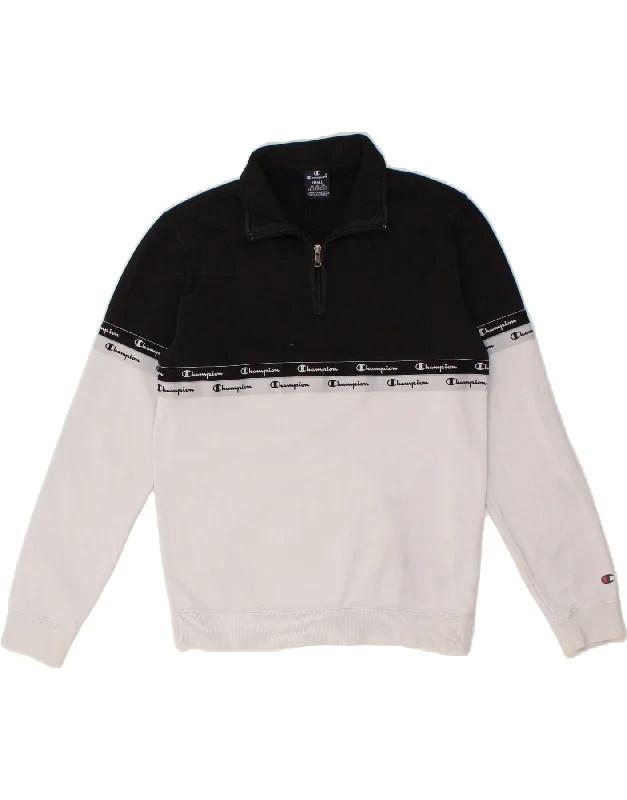 CHAMPION Mens Zip Neck Sweatshirt Jumper Small Black Colourblock Cotton Hoodie with Drop Shoulder Relaxed Streetwear