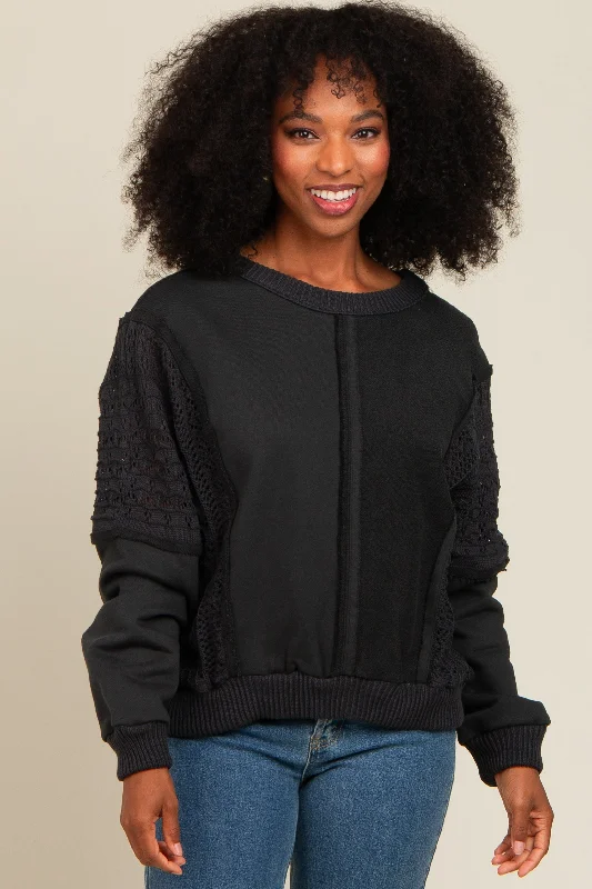 Charcoal Lace French Terry Top Hoodie with Thumb Holes Functional Cozy