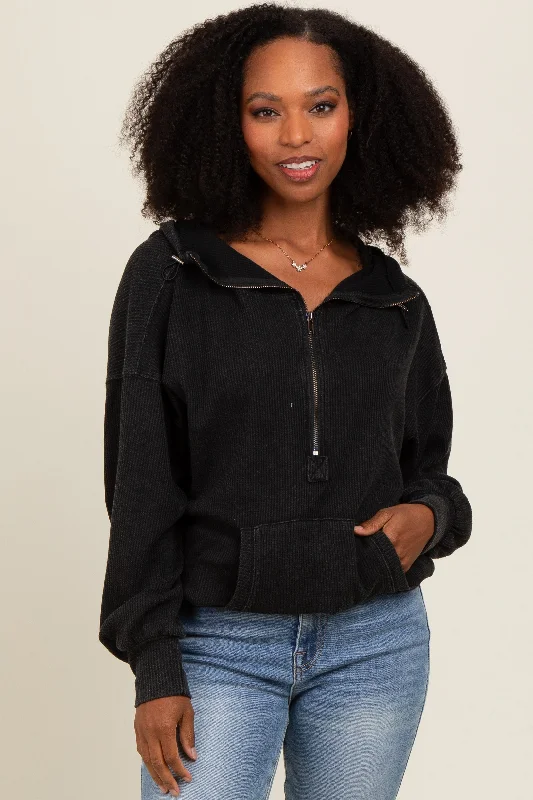 Charcoal Waffle Knit Half Zip Relaxed Fit Hoodie Hoodie with Tied Waist Feminine Flattering Charcoal Waffle Knit Half Zip Relaxed Fit Hoodie Hoodie with Tied Waist Feminine Flattering