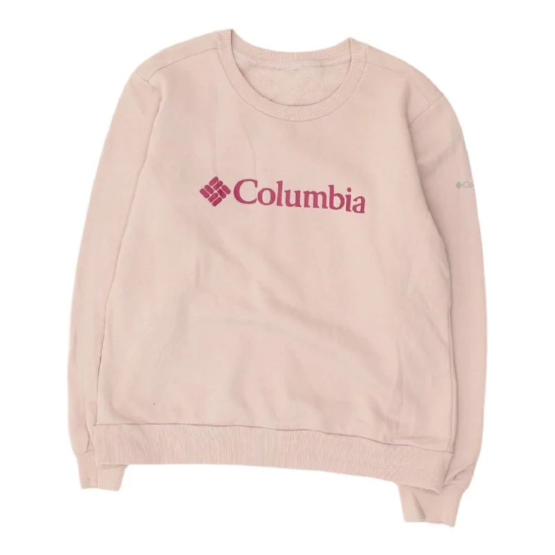 Columbia Womens Pink Spell Out Sweatshirt | Designer Casual Outdoors Wear VTG Hoodie with High Neck Warm Protective Columbia Womens Pink Spell Out Sweatshirt | Designer Casual Outdoors Wear VTG Hoodie with High Neck Warm Protective