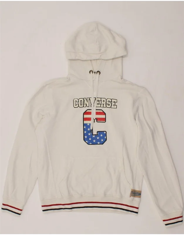 CONVERSE Mens Graphic Hoodie Jumper Medium White Cotton Hoodie with Hem Embroidery Detailed Premium CONVERSE Mens Graphic Hoodie Jumper Medium White Cotton Hoodie with Hem Embroidery Detailed Premium