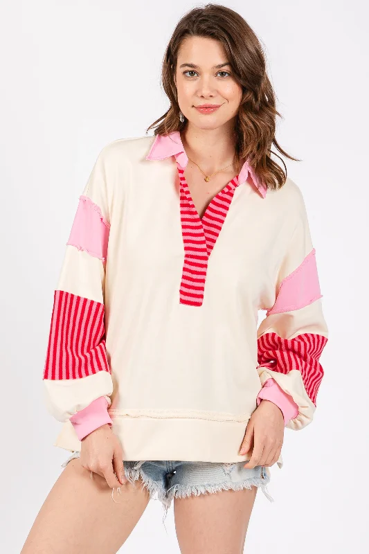 Cream Colorblock Striped Long Sleeve Top Hoodie with Strings Custom Fit Adjustable