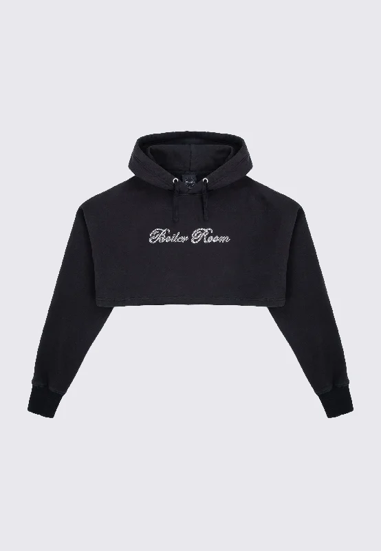 Cropped Hood - Black Hoodie with Hem Patch Decorative Personalized
