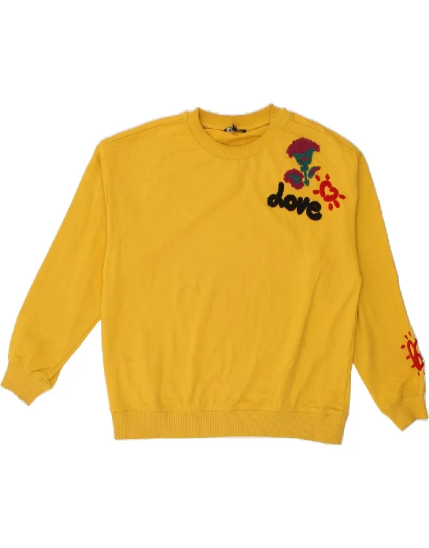 DESIGUAL Womens Graphic Sweatshirt Jumper UK 14 Medium Yellow Floral Hoodie with Hem Detail Decorative Unique DESIGUAL Womens Graphic Sweatshirt Jumper UK 14 Medium Yellow Floral Hoodie with Hem Detail Decorative Unique