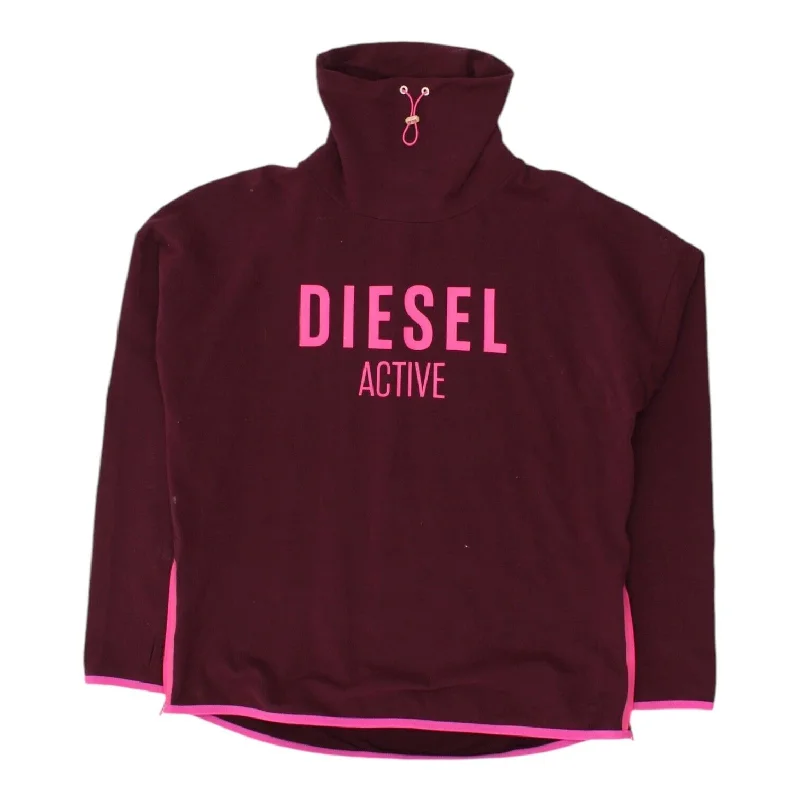 Diesel Active Womens Burgundy Turtle Neck Sweatshirt | Designer Sportswear VTG Hoodie with Front Slit Layering Stylish Diesel Active Womens Burgundy Turtle Neck Sweatshirt | Designer Sportswear VTG Hoodie with Front Slit Layering Stylish