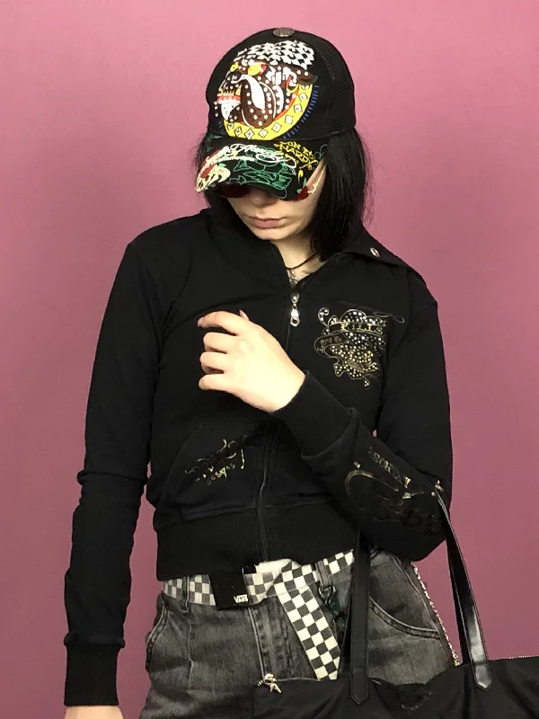 Ed Hardy Vintage Women's Zip Hoodie - M Black Cotton Hoodie with Contrast Stitching Detailed Premium Ed Hardy Vintage Women's Zip Hoodie - M Black Cotton Hoodie with Contrast Stitching Detailed Premium