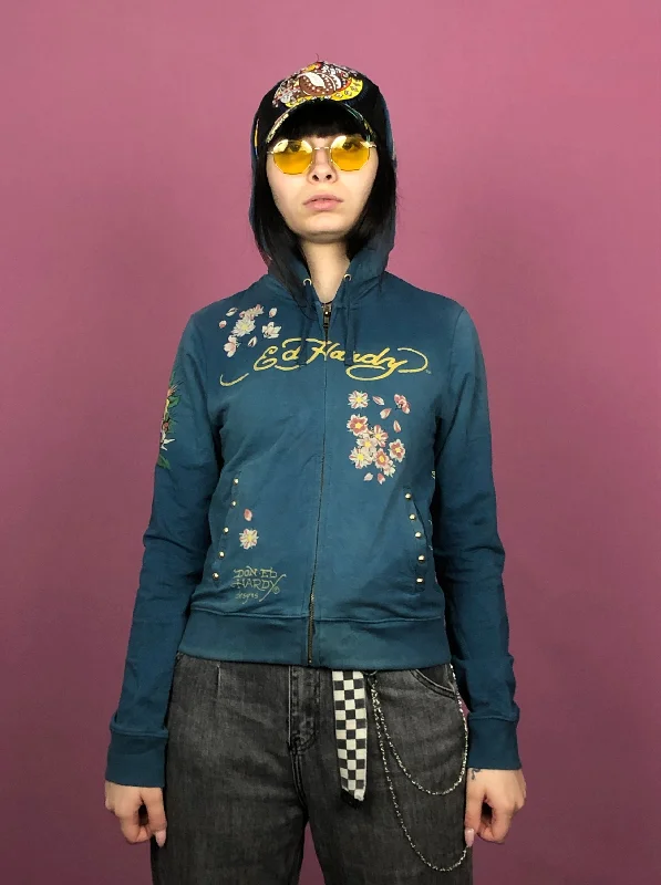 Ed Hardy Vintage Women's Zip Hoodie - M Blue Cotton Blend Hoodie with Hood Adjustable Protection Ed Hardy Vintage Women's Zip Hoodie - M Blue Cotton Blend Hoodie with Hood Adjustable Protection