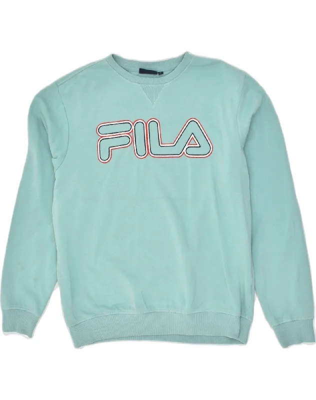 FILA Mens Graphic Sweatshirt Jumper Large Blue Cotton Hoodie with Hem Embroidery Detailed Premium FILA Mens Graphic Sweatshirt Jumper Large Blue Cotton Hoodie with Hem Embroidery Detailed Premium