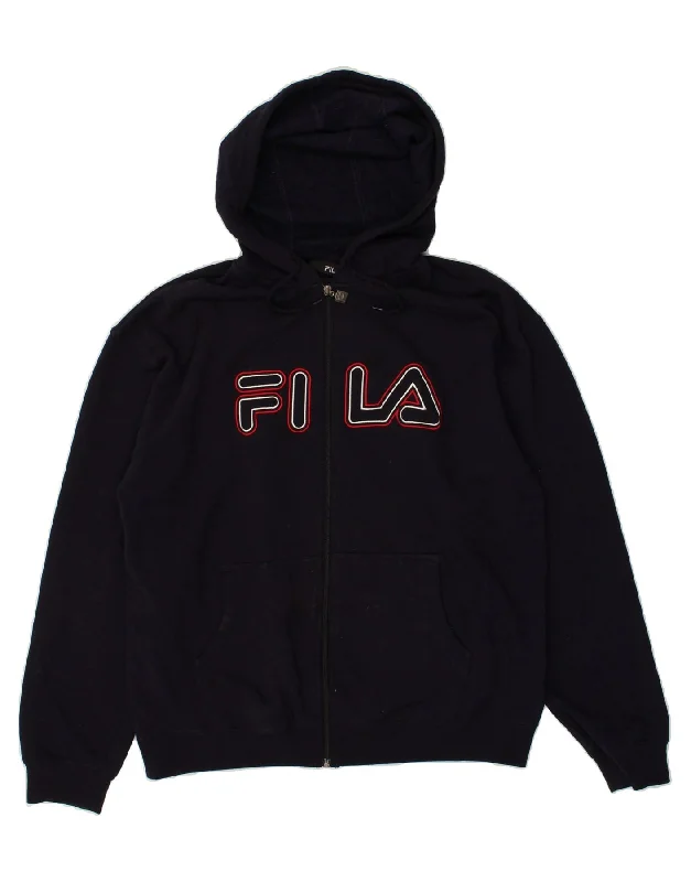 FILA Mens Graphic Zip Hoodie Sweater Large Navy Blue Cotton Hoodie with Back Slit Movement Comfort